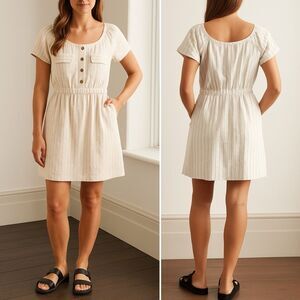 NWT A Loves A Linen Blend Striped Button Front Short Sleeve Dress Size Large NEW